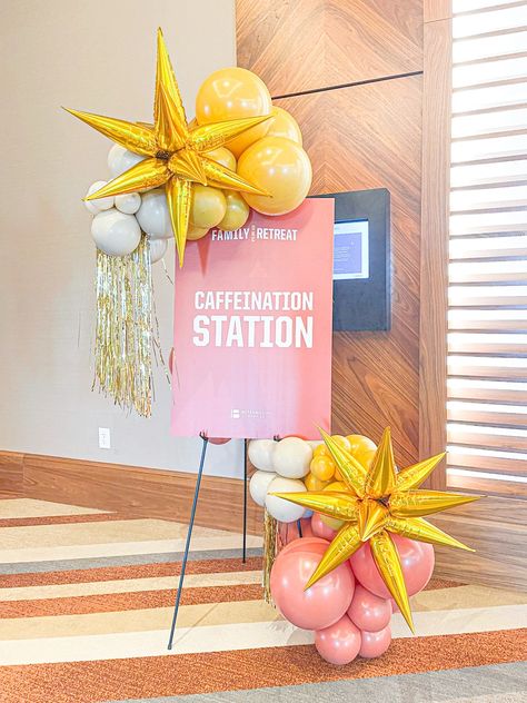 easel install | CORPORATE EVENTS Small Event Ideas, Corporate Event Balloons, Company Event Decoration, Corporate Events Decoration Ideas, Office Balloon Decoration, Easel Balloon Garland, Office Anniversary Decoration Ideas, Corporate Balloon Decor, Networking Event Decor