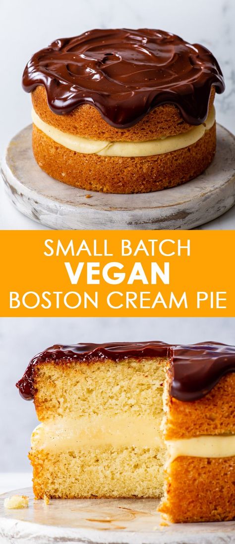 Small Batch Vegan Boston Cream Pie - You’ll love this small batch vegan Boston cream pie, with its soft and fluffy vegan sponges, rich vegan vanilla pastry cream and luxurious vegan chocolate ganache. The recipe is incredibly simple – no special equipment and no egg replacements required. And best of all: you couldn’t possibly guess that it’s vegan!! Vegan cake recipes. Vegan custard. Vegan desserts. Vegan recipes. Dairy free cake. Egg free cake. Eggless cake. Easy cake recipes. Layer cake. Vegan Fondant, Cake Recipes Vegan, Best Vegan Cake Recipe, Vegan Custard, Vegan Vanilla Cake, Egg Free Cakes, Vegan Pastries, Vegan Baking Recipes, Dairy Free Cake