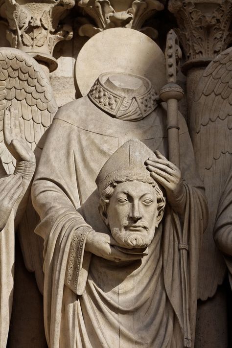 Saint Denis, Bishop of Paris. Beheaded c275. According to  legend, he picked up his head and walked on, preaching repentance | St Denis at Notre Dame, Paris Basilica Of St Denis, St Genevieve, Saint Statues, Giorgio Vasari, St Denis, Saint Denis, Gothic Architecture, Oui Oui, Patron Saints