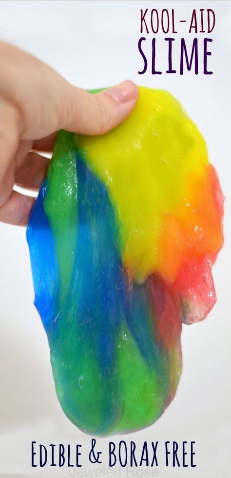 This Kool-Aid slime is easy to make and since it's Borax free it can even be eaten. Slime Edible, Edible Slime Recipe, Edible Slime, Rainbow Slime, Slime For Kids, Kid Friendly Crafts, Rainbow Crafts, Toddler Snacks, Slime Recipe