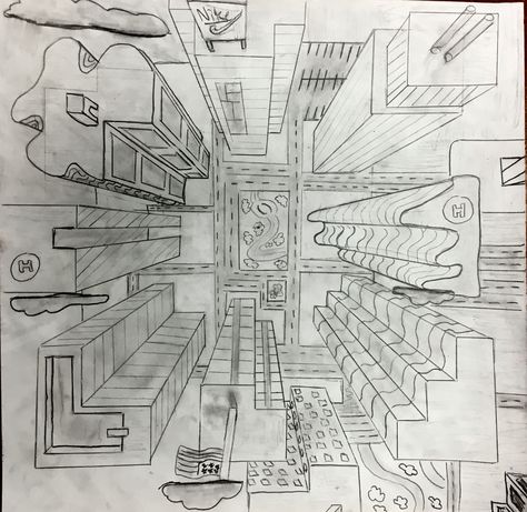 1-pt. perspective 2 Point Perspective City, Perspective City, 2 Point Perspective, Architecture Drawing Plan, Vanishing Point, City Drawing, Point Perspective, Perspective Art, City Painting