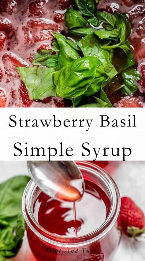 This homemade strawberry basil syrup is sweet and flavorful. It makes a delicious strawberry basil cocktail (or mocktails, like strawberry basil lemonade.) Perfect for celebrating the summer months. A simple syrup is exactly what it sounds like – Simple, and it’s a syrup. It’s made of a mixture of water and sugar and, in this case, the addition of fruit and fresh herbs. Hints of basil are the perfect addition to strawberries. Strawberry Basil Simple Syrup, Basil Syrup Recipe, Strawberry Basil Cocktail, Basil Syrup, Basil Simple Syrup, Strawberry Basil Lemonade, Basil Cocktail, Leftover Strawberries, Strawberry Simple Syrup