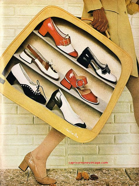 -Teen Magazine-  'suitcase for shoes'  (April. 1970) 1970s Shoes, 60s Shoes, 1960s Shoes, 70s Shoes, Boogie Shoes, Fashion 1970s, 60s 70s Fashion, Hallowen Costume, 60s And 70s Fashion