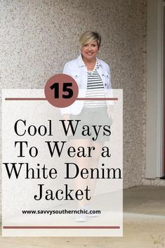 15 Ways to style a white denim jacket with summer outfits. #fashionover40 #summeroutfits #outfitideas White Crop Jean Jacket Outfit, Styling A White Denim Jacket, White Jean Jacket With Dress, Styling A White Jean Jacket, How To Style A White Jean Jacket, Outfits With White Denim Jacket, White Jean Jacket Outfits Fall, How To Style White Denim Jacket, White Jean Jacket Outfits Summer