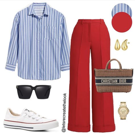 Red Slacks Outfit Women, Red Tote Bag Outfit, Red Pants Outfit Summer, Red Pants Outfit Work, Red Striped Shirt Outfit, Outfit Pantalon Rojo, Red White And Blue Outfits, Red Pants Outfit, Outfit Ideas Everyday