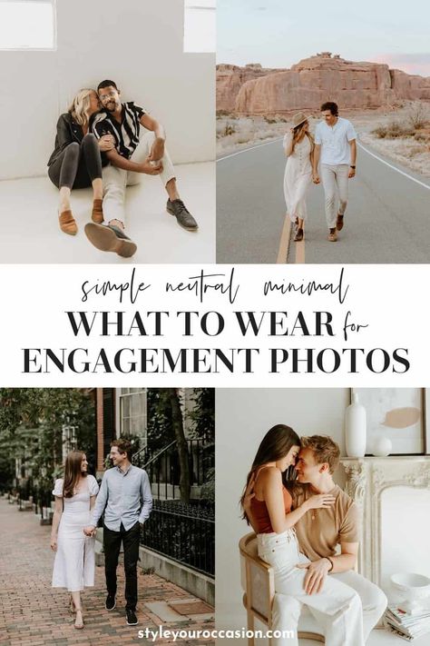 Looking for engagement photos outfits? Here’s what to wear for engagement photos whether you are going to the beach or city (or somewhere in between). The outfits guide will give you tons of inspiration for your session no matter if the shoot is in spring, summer, fall, or winter. Classy, neutral, minimal, and chic is what it’s all about! Chic Minimal Wedding Dress, Engagement Photos Outfits For Him, Neutrals Engagement Photos, Couples Outfit Inspiration, Cream Engagement Outfits, Engagement Party Outfit Couple, Prenuptial Photoshoot Outfit, Cream Dress Engagement Photos, Modern Engagement Photo Outfits