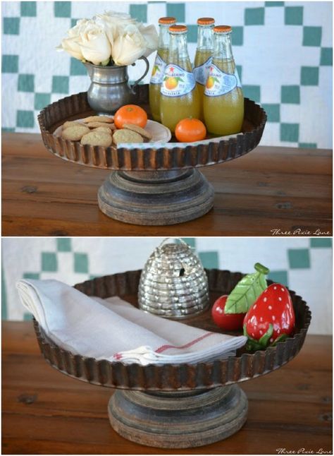 25 Repurposing Ideas For Pots And Pans That Are Simply Amazing Primitive Diy, Quiche Pan, Thrift Store Diy, Tart Pan, Thrift Store Crafts, Tiered Stand, Kitchen Crafts, Diy Cake, Kitchen Items