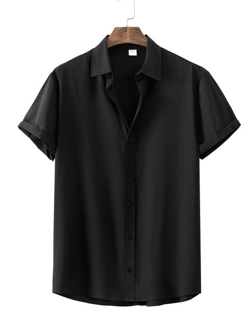 Black Casual  Short Sleeve Satin Plain Shirt  Non-Stretch Summer Men Tops Men's Activewear, Tops For Summer, Kids Activewear, Formal Shirts For Men, Satin Shirt, Summer Black, Mens Activewear, Short Sleeve Button Up, Button Up Shirt