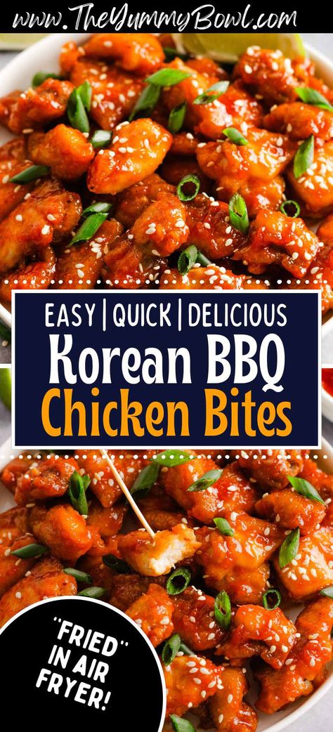 Discover the ultimate Korean BBQ Fried Chicken Bites made easy in the air fryer. Crispy, flavorful, and healthier—perfect for a quick, delicious meal Korean Chicken Bbq Recipes, Chicken Korean Bbq, Easy Chicken Air Fryer Meals, Korean Chicken Tenders, Easy Korean Fried Chicken Recipe, Korean Chicken Dishes, Asian Chicken Air Fryer Recipes, Air Fryer Korean Fried Chicken, Crispy Chicken Bites Recipes