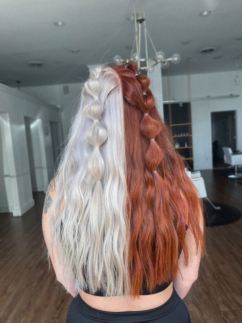 Split color hair. Copper and platinum blonde. Bubble braids Split Dyed Hair Ideas, Split Color Hair, Split Dye Hair Ideas, Dye Hair Ideas, Red And White Hair, Split Dye Hair, Split Dye, Hair Change, Split Dyed Hair