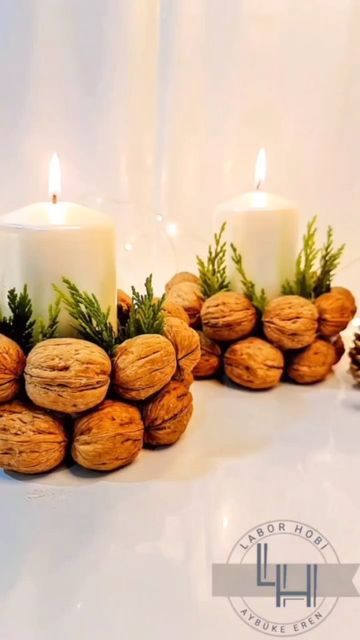 Walnut Candle Holder, Walnut Christmas Decorations, Christmas Diy Candles, Diy Christmas Candle Holders, Walnut Decor, Making Candle Holders, Christmas Candle Holders Diy, Candle Holder Diy, Walnut Art