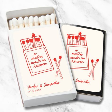 A Match Made in Heaven Red Cute Wedding Matchbooks. Personalized with your names and date. Wedding Etsy Ideas, Original Wedding Favors, Perfect Match Matches, Cool Wedding Gifts For The Couple, Wedding Favor Matches, Wedding Match Books, Match Made In Heaven Bridal Shower Theme, Match Box Wedding Favors, Matches Wedding Favors