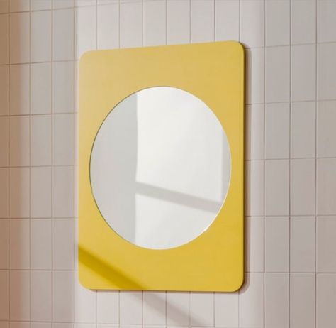 Yellow Aesthetic Cartoon, Round Bathroom Mirror, Mellow Colors, Round Bathroom, Hallway Bedroom, Standing Mirror, Round Mirrors, On The Floor, Retro Outfits