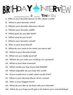 I think this is the best list I've seen yet. Birthday Interview Questions, Birthday Questions, Birthday Interview, Favorite Questions, Parenting Win, Birthday Traditions, Growing Older, Coloring Pages Inspirational, Activities For Teens