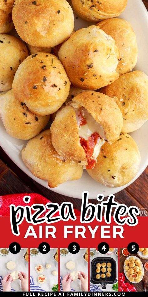 To make this quick and easy pizza snack, simply wrap some flaky biscuit dough around pepperoni and mozzarella, top it with butter and Italian seasoning and cook it up in the air fryer! Air Fryer Pizza Bombshell, Air Fryer Canned Biscuit Recipes, Air Fryer School Lunch Ideas, Air Fryer After School Snacks, Air Fry Pizza Rolls, Christmas Air Fryer Recipes, Easy Food To Make At Home For Lunch, Pizza Bites With Biscuits, Ideas With Pizza Dough