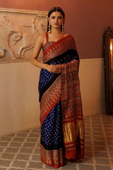 Blue saree with floral geometric ajrakh printed border and pallu, zari panel and bandhani patterns. Comes with an unstitched blouse fabric. - Aza Fashions Pink Saree Silk, Ajrakh Sarees, Border Saree, Saree Silk, Blue Saree, Floral Geometric, Blouse For Women, Silk Organza, Pink Saree