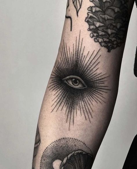 Seeing Eye Tattoo Design, All Seeing Eye Tattoo Design, Seeing Eye Tattoo, Eye Tattoo Design, Inner Elbow Tattoos, All Seeing Eye Tattoo, Evil Eye Tattoo, Elbow Tattoos, Bicep Tattoo