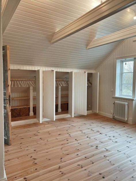 Small Attic Dormer Ideas, Closet Designs With Slanted Ceiling, Under Eves Storage, Attic Storage Room, Attic Bedroom Layout Sloped Ceiling, Slanted Wall Shelving, Small Attic Space Ideas, Attic Conversion Ideas Master Suite, Attic Build Out