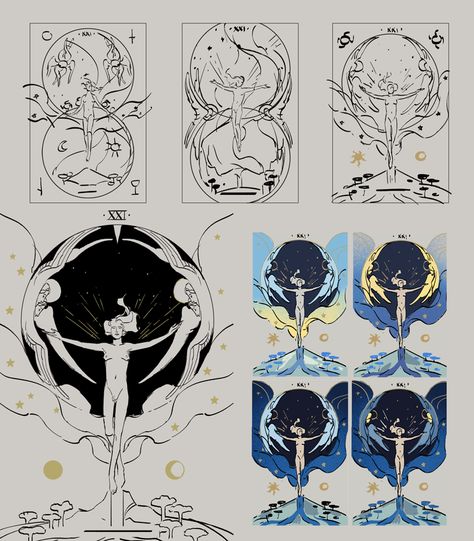 The Sefirot Game on Twitter: "The World marks the end of the Tarot cycle and is full of mysteries, when looking upon it closer. One needs to unravel them first to find a path forward, which we attempted with our own take on it.… https://t.co/fzkTYcy4JT" Art Nouveau Poster, Tarot Cards Art, Cards Art, Cover Art Design, Tarot Art, 영감을 주는 캐릭터, Fantasy Character Design, Character Design Inspiration, Drawing Inspiration