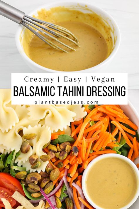 View ona. bowl of creamy balsamic tahini dressing. Oil Free Dressings Vegan Recipes, Dressing For Veggie Bowls, Best Vegan Salad Dressing, Vegan Creamy Salad Dressing Recipes, Vegan Taziki Dressing, Tahini Vinaigrette Dressing, Plant Based Salad Dressing Recipes, Vegan Salad Dressings Plant Based, Roasted Vegetable Dressing