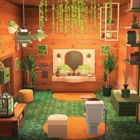 Acnh Beginner House Ideas, Acnh House Bathroom, Animal Crossing 70s House, Acnh Green Bathroom, Acne House Ideas, Acnh Yuzu Bath, Audie Animal Crossing House, Acnh Restroom Ideas, Animal Crossing Mermaid Room