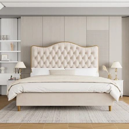 Willa Arlo Interiors Parley 55.1'' Tall Upholstered Bed (Beige/Linen; Cream/Velvet) Wood Bed Frame with Tufted Headboard | Wayfair Tufted Bed Frame, Bed Wood, Tufted Bed, Wood Bed Frame, Wood Bed, Living Room Side Table, Furniture Trends, Tufted Headboard, Wood Beds