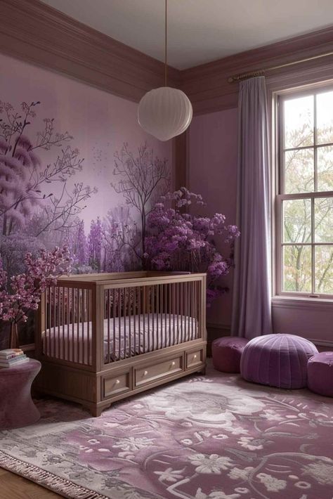 50 Simply Adorable Baby Girl Nursery Ideas You’ll Love! Purple Nursery Aesthetic, Green And Purple Nursery, Purple And Pink Nursery, Lavender Baby Room, Lilac Baby Room, Purple Baby Room, Purple Baby Nursery, Purple Baby Rooms, Lavender Nursery Girl