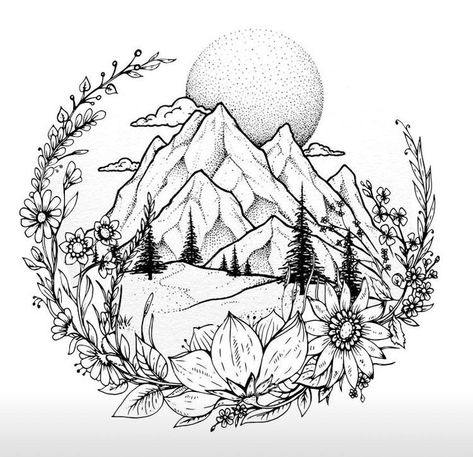 Mountain And Deer Tattoo, Compass Mountains Tattoo, Hip Tattoos Women Mountain, Dream Catcher With Mountains Tattoo, Woods And Mountain Tattoo, Mountain Sunflower Tattoo, Tattoo Ideas To Add To Sleeve, Unconditional Love Tattoo With Names, Tough Feminine Tattoos