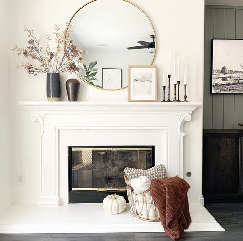 Big Round Mirror Over Fireplace, Mantle Decor With Circle Mirror, Circle Mirror Fireplace Mantles, Circle Mirror Fireplace, Fireplace Mantle Decor With Round Mirror, Fireplace With Round Mirror Above, Gold Mirror Fireplace Mantle, Mantle Decor Round Mirror, Circle Mirror Over Fireplace