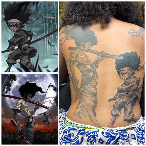 Black Cartoon Characters Tattoos, Afro Samurai Tattoo Design, Anime Tattoos On Dark Skin, Afro Samurai Tattoo, Boondocks Tattoo, Kingdom Tattoo, Stencil Tattoos, Skin Doodles, Black People Tattoos