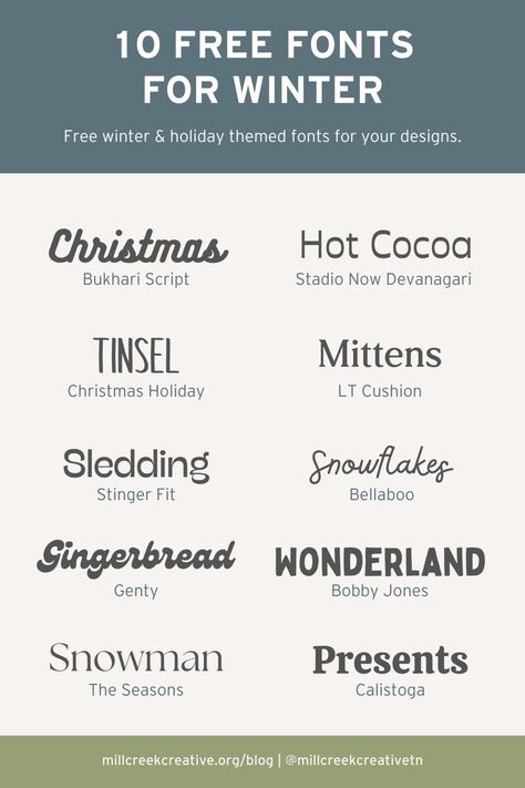 A list of 10 free fonts for winter and holiday themed designs. Canva Christmas Fonts, Slime Packaging, Free Christmas Font, Fonts For Christmas, Winter Graphic Design, Heart Fonts, Hand Written Typeface, Nightmare Before Christmas Font, Handwritten Typeface