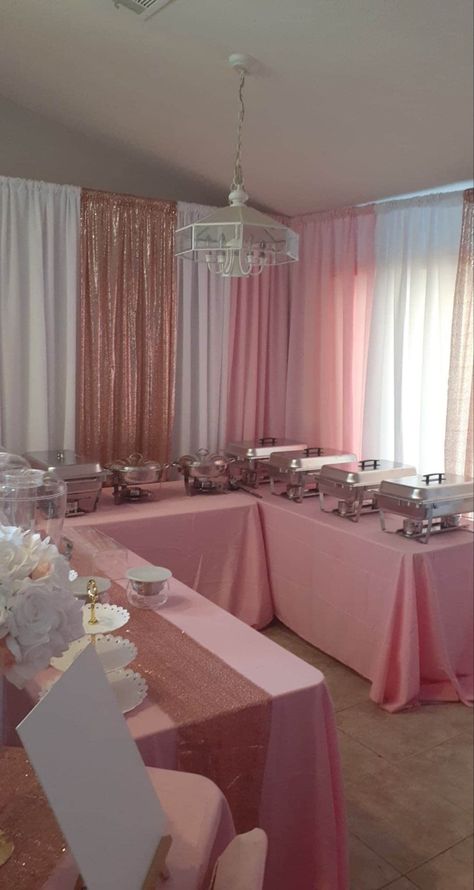 Pretty Sweet 16 Themes, Sweet 16 Chair Decorations, Light Pink Theme Party, Sweet 16 Party Ideas Themes Pink And Silver, Pink Centerpieces Birthday Sweet 16, Pink Sweet 16 Food Table, Pink Flower Sweet 16, Sweet 16 Decorations At Home, Pink Quinceanera Theme Dresses