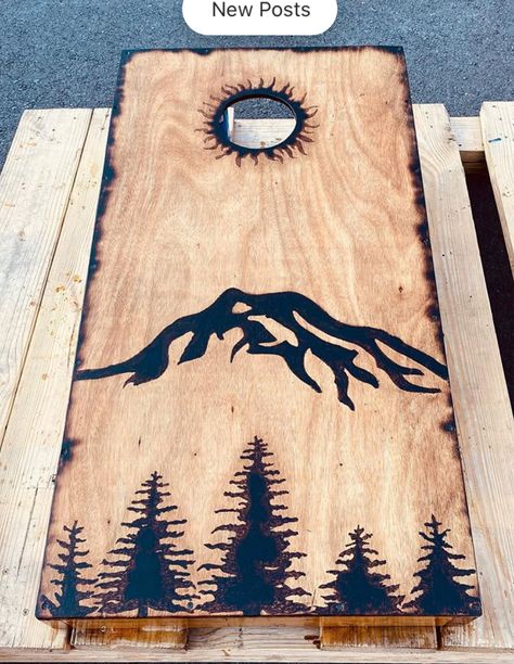 Cornhole Mountain Designs, Cornhole Boards Designs Mountains, Corn Hole Boards Designs Ideas Cricut, Mountain Cornhole Boards, Cool Cornhole Boards, Corn Hole Paint Ideas, Corn Hole Board Ideas, Cricut Cornhole Boards, Corn Hole Designs