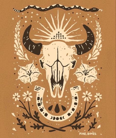 Western Folk Tattoo, Desert Skull Drawing, Bison Skull Drawing, Bull Skull Illustration, Cow Skull Illustration, Western Folk Art, Western Designs Art, Longhorn Skull Drawing, Bison Illustration