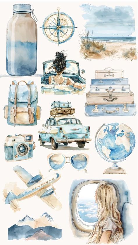 Sky Blue Watercolor Explorer Clipart Set, Chic Travel Inspiration, Beach Scene Clipart Sticker #sticker Stickers #stickers freesticker #freesticker freestickers #freestickers free download sticker #freedownloadsticker 14.252 Travel Preparation Aesthetic, Watercolor Travel Illustration, Travel Journal Stickers Free Printables, Travel Journal Watercolor, Lifestyle Illustration Art, Travel Watercolor Painting, Travel Painting Ideas, Travel Illustration Design, Journal Designs Printable