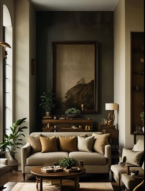 Entrance Living Room Ideas Front Entry, Craftsman Style Homes Interior Decor Living Rooms, Wainscoting Green Walls, Natural Design Interior, Taupe Green Living Room, Old World Home Design, Whimsygoth Living Room, Moody Earthy Interior Design, Forest Inspired Living Room