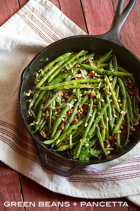 Sautéed Green Beans with Pancetta and Pine Nuts Green Beans With Pancetta, Pancetta Recipes, Sauteed Green Beans, Green Bean, Vegetable Sides, Pine Nuts, Tasty Recipes, Dish Recipes, Comfort Foods