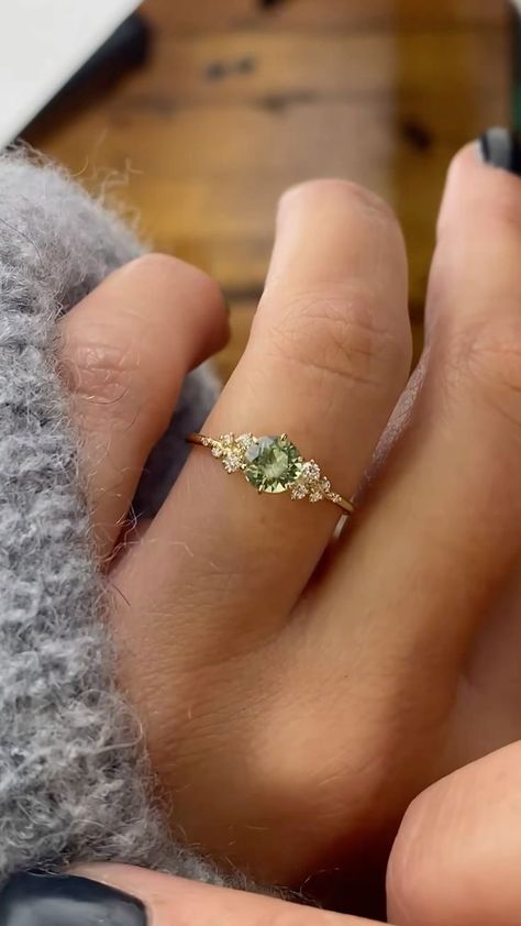 #jewellery Vintage Aesthetic Engagement Rings, Bridgerton Wedding Ring, Queer Engagement Rings, Melanie Casey Engagement Ring, Green Promise Ring, Ethereal Engagement Ring, Snowdrift Ring, Green Wedding Rings, Green Engagement Rings