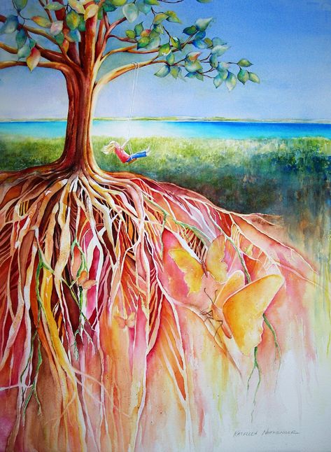 "Life of Tree - Wings and Roots" Tree And Roots, Tree Aesthetic Painting, Tree Of Life Art Painting, Tree Roots Art, Roots Painting, Tree With Roots, Trees With Roots, How To Draw Roots Of A Tree, Roots Of A Tree Drawing