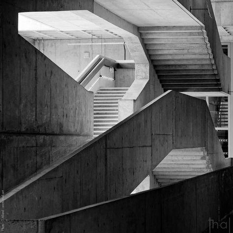 Brutalist stairs photographed in the spirit of a painting by M.C. Escher Brutalist Architecture Stairs, Brutalist Fashion Photography, Brutalist Stairs, Brutalist Photoshoot, Brutalist Staircase, Brutalist Photography, Building Photography Architecture, Brutalism Aesthetic, Stairs Black And White