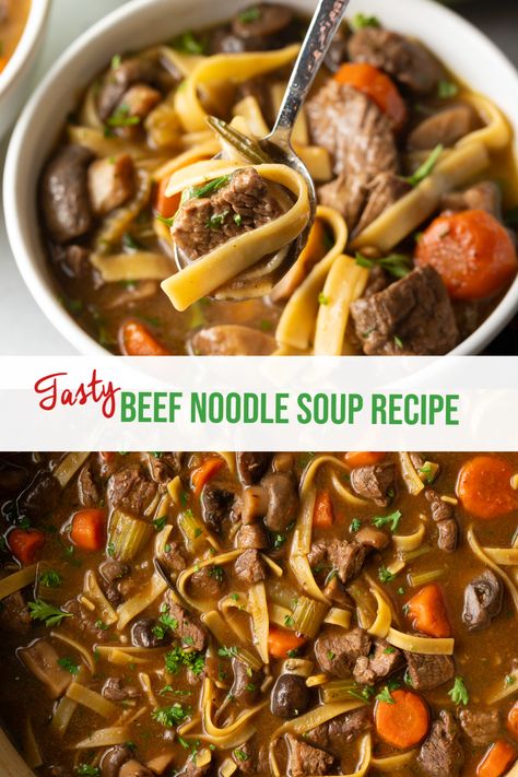 Beef Mushroom Noodle Soup, Crock Pot Beef Noodle Soup, Beef And Noodles Instant Pot Stew Meat, Soup With Beef Tips, Beef Soup Recipes Crock Pot, Beef Soups And Stews, Beef Noodle Soup Recipes, Tender Stew Meat, Vegetable Beef Noodle Soup