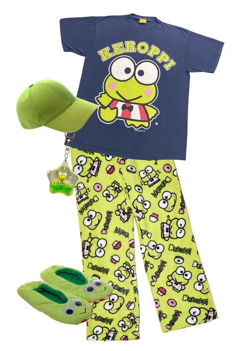 Sanrio Pants, Keroppi Outfit, Keroppi Outfit Ideas, Keroppi Outfit Aesthetic, Kerropi Clothes, Sanrio Outfits Keroppi, Keroppi Pajamas, Keroppi Plush, Keroppi Clothes