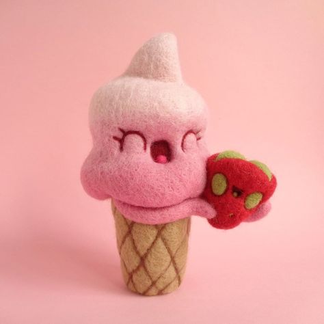 Domestika on Instagram: “María Filipe Castro, also known as @droolwool is a toy artist who specializes in needle felting. She creates art toys from wool, felt, and…” Needle Felted Art, Felt Craft Projects, Pink Ice Cream, Felted Art, Crochet Disney, Felt Wool, Toy Art, Needle Felting Projects, Felt Brooch