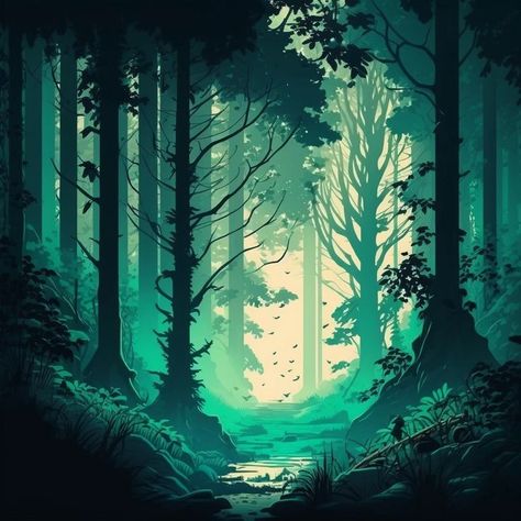 Blue Forest Illustration, Fantasy Deep Forest, Green Forest Illustration, Creepy Forest Illustration, Magical Woods Illustration, Mythical Forest Art, Black Forest Art, Dark Woods Illustration, Simple Forest Background Drawing