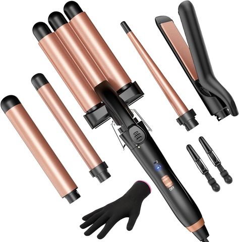 Amazon.com: 5 in 1 Wand Curling Iron-Curling Wand Set with Hair Straightener, 3 Barrels Hair Crimper Iron, 3 Ceramic Curling Irons (0.35 "-1.25"), 2 Temps Fast Heat Hair Curler Waver with Glove & Clip-Light Pink : Beauty & Personal Care Spiral Curling Iron, Wand Curling Iron, Waves With Curling Iron, Flat Iron Hair, Curling Wand Set, Hair Crimper, Hair Waver, Iron Hair, Hair Straighteners Flat Irons