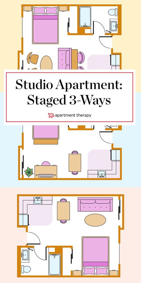 How you choose to arrange your furniture has a huge impact on the feel of your space. In a studio apartment where every single square foot counts—here are 3 ways to lay out your small space. #studio #studioapartment #smallspace #studiolayout #studioapartmentideas #layoutideas #smalllivingroom #smallbedroom Room Interior Bedroom Modern, Room Interior Bedroom, Apartment Layout Ideas, Garage Studio Apartment, Studio Apartment Furniture, Studio Apartment Floor Plans, Single Apartment, Studio Floor Plans, Tiny Studio Apartments