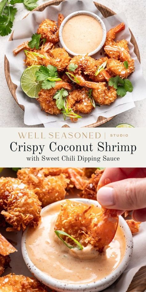 Coconut Shrimp is a delightful fusion of crunchy, sweet, and savory flavors that can easily be prepped ahead of time. Paired with a zesty sweet chili sauce, this dish is perfect as an appetizer, a main course, or enjoyed in rice bowls, salads, or wraps. #wellseasonedstudio #shrimp #coconut #friedshrimp Gf Coconut Shrimp, Essen, Coconut Shrimp Appetizer, Coconut Breaded Shrimp, Coconut Crusted Shrimp, Coconut Shrimp Dipping Sauce Easy, Sides With Coconut Shrimp, Shrimp Potluck Ideas, Shrimp Appetizers Recipes