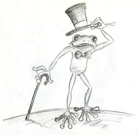 Frog With Top Hat Drawing, Fancy Frog Drawing, Frog Standing Up Drawing, Dancing Frog Drawing, Frogs Sketch, Drawn Frogs, Frog Drawing Sketches, Frogs With Hats, Frog Sketches