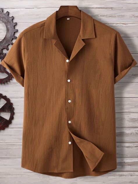 Men Cotton Shirt, Men Plain Shirt Outfit, Brown Shirt Outfit Men, Male Shirts Fashion, Brown Shirt Men, Short Sleeve Button Up Men, Button Shirts Men, Shirt Outfit Men, Collar Shirt Men