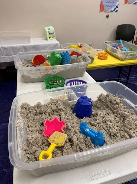 This is for sure a fun beach activity that can be done indoors! We just used some plastic containers, damp sand, castle molds, shells, and some shovels! Camp Hero, Beach Activity, Shells And Sand, Vbs 2024, Children Activities, Fun Beach, Animal Crafts For Kids, Beach Activities, Class Ideas